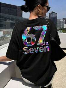 Women's Mexican T-Shirt With 67 Letter Print, Six Seven, Short Sleeve, Round Neck, Casual Style, Breathable Medium Elasticity Fabric, Machine Washable, Summer Clothing, Comfortable Style, Fashionable Summer Cotton T-Shirt - 黑色 - 查看 6