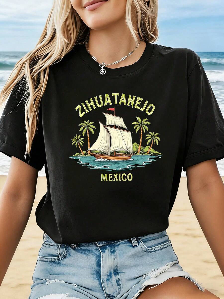 Zihuatanejo, Mexico Vacation T-Shirt With Sailboat Print, Plus Size For Women, Spring/Summer, For Beach Vacation, Summer Outings, Travel Souvenir, Casual Daily Wear, Short Sleeve, For Photos And Travel Atmosphere. - 黑色 - 查看 1