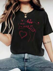 1 Pack Women's 200gsm Round Neck T-Shirt With Valentine's Day Print - Lightweight And Breathable Polyester Fabric For All Seasons. Round Neck Printed Short Sleeve Casual Everyday T-Shirt, Excellent Gifts For Friends And Family. 100% Cotton T-Shirts, Youthful And Fashionable Design. Casual Blouses For Women - 黑色 - 查看 1