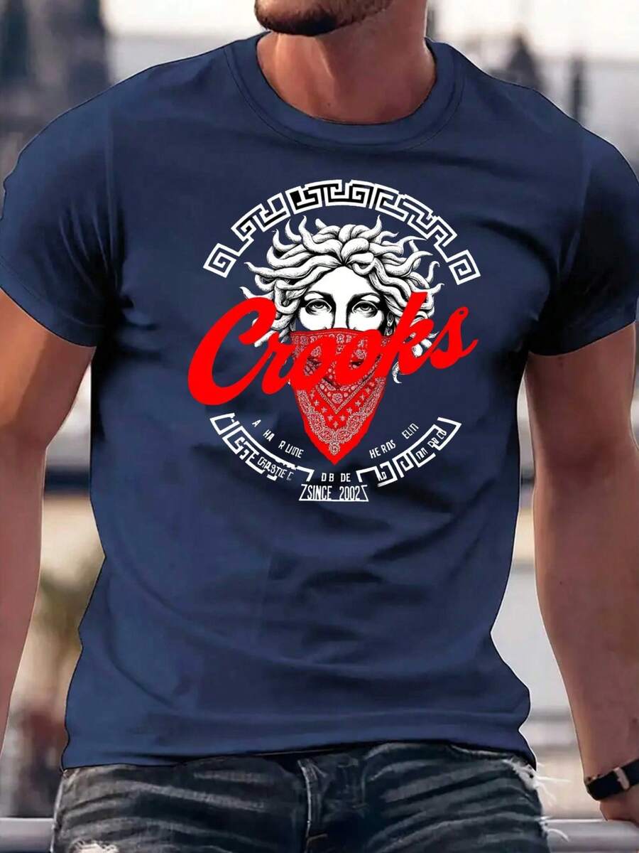 Camisa masculina de verão, confeccionada em tecido de malha levemente elástico, com estampa decorativa, modelagem regular, estilo casual, solta e confortável. - azul-marinho - Ver 1