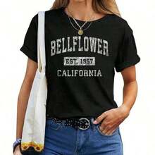 New Release Streetwear Style Short Sleeve T-Shirt, 1 Piece, Bellflower California Ca Vintage, Women's Vintage Sports T-Shirt, Printed T-Shirts, 100% Cotton. - 黑色 - 查看 1