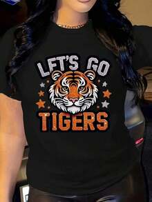 Women's Let's Go Tigers Graphic T-Shirt - Tiger Graphic Design And Lettering In Orange, Black, And White - Breathable T-Shirt For Sports Fans, Casual Wear - Lightweight T-Shirt For Everyday Wear, Parties And Games, Game Day Outfit, Sporty Aesthetic, Comfortable Fit, Short Sleeve T-Shirt, Basic Blouses For Team Supporters - 黑色 - 查看 6