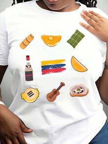 Women's Cotton T-Shirts Venezuelassss Culture Food And Music T-Shirt With Arepa Empanada Plantain Flag Rum And Guitar Design For Venezuelassssn Pride Festival Celebration And Daily Wear, Basic Women's Blouses - 白色 - 查看 2