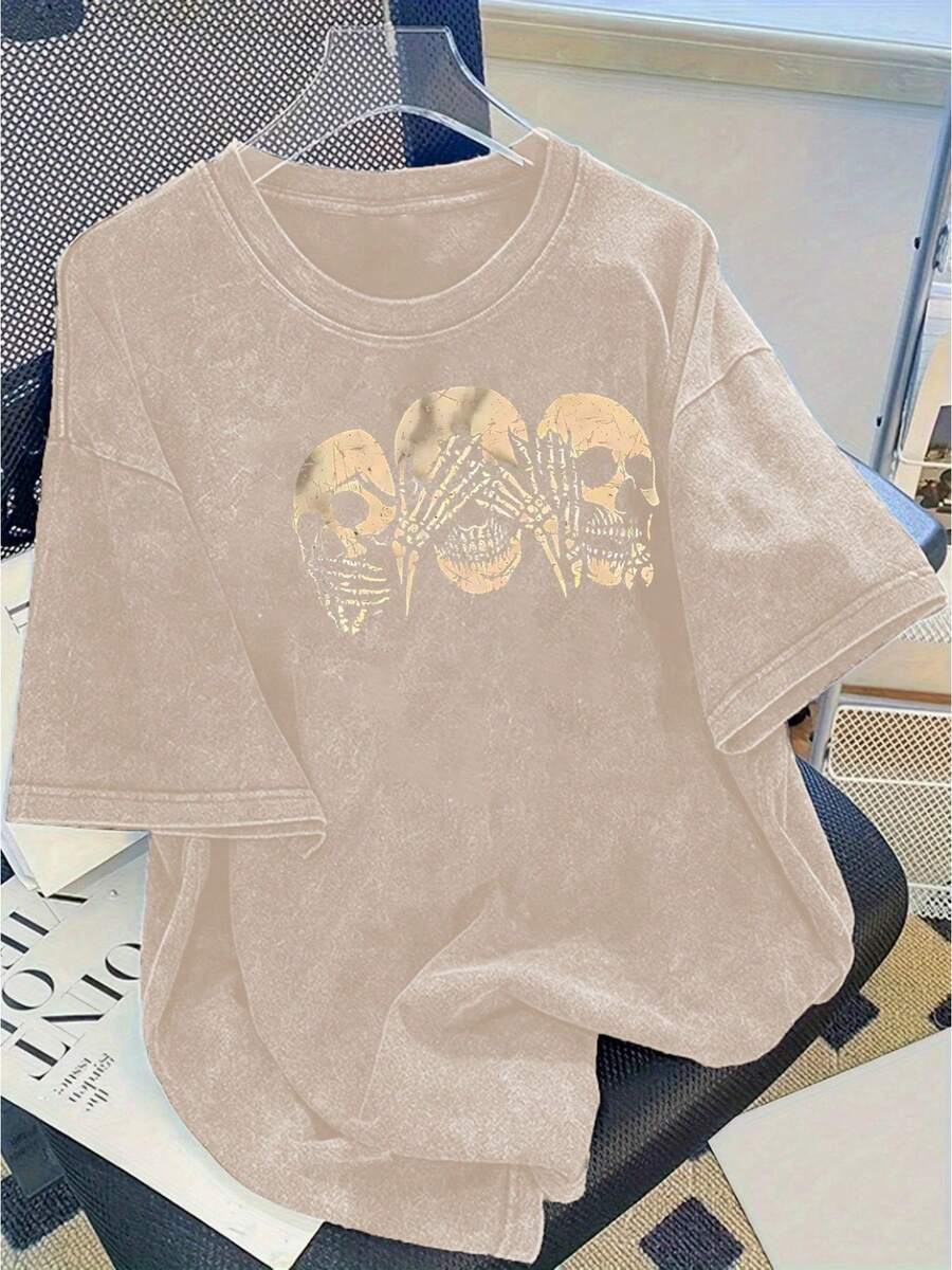 A Women's Modern Print Washed Cotton T-Shirt - 230g Thick Cotton, Urban Vintage Style, Round Neck, Short Sleeves, Machine Washable, Suitable For Casual Wear In Spring And Summer, A Unique Loose-Fitting T-Shirt For Women. - 杏色 - 查看 1