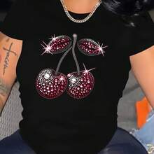 Women's T-Shirt With Sparkling Golden Cherry Design - Hitam - View 1