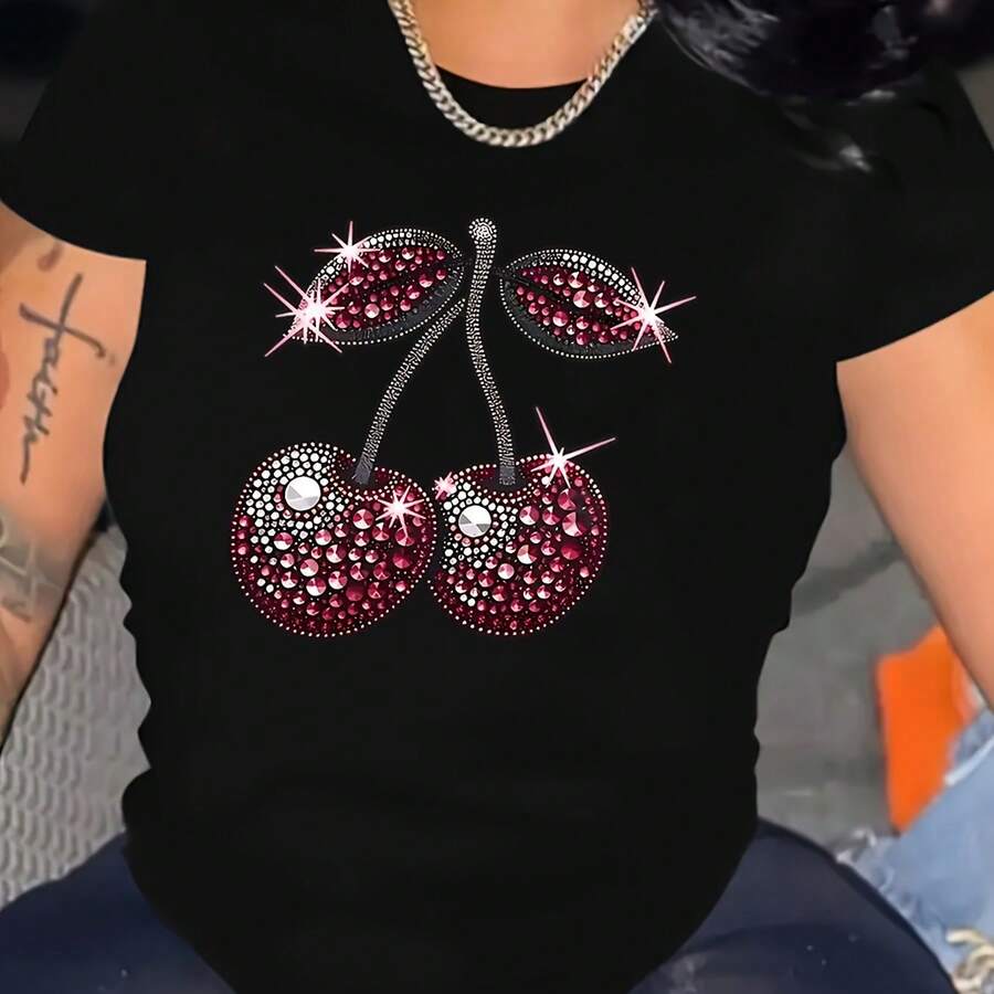 Women's T-Shirt With Sparkling Golden Cherry Design - Hitam - View 1