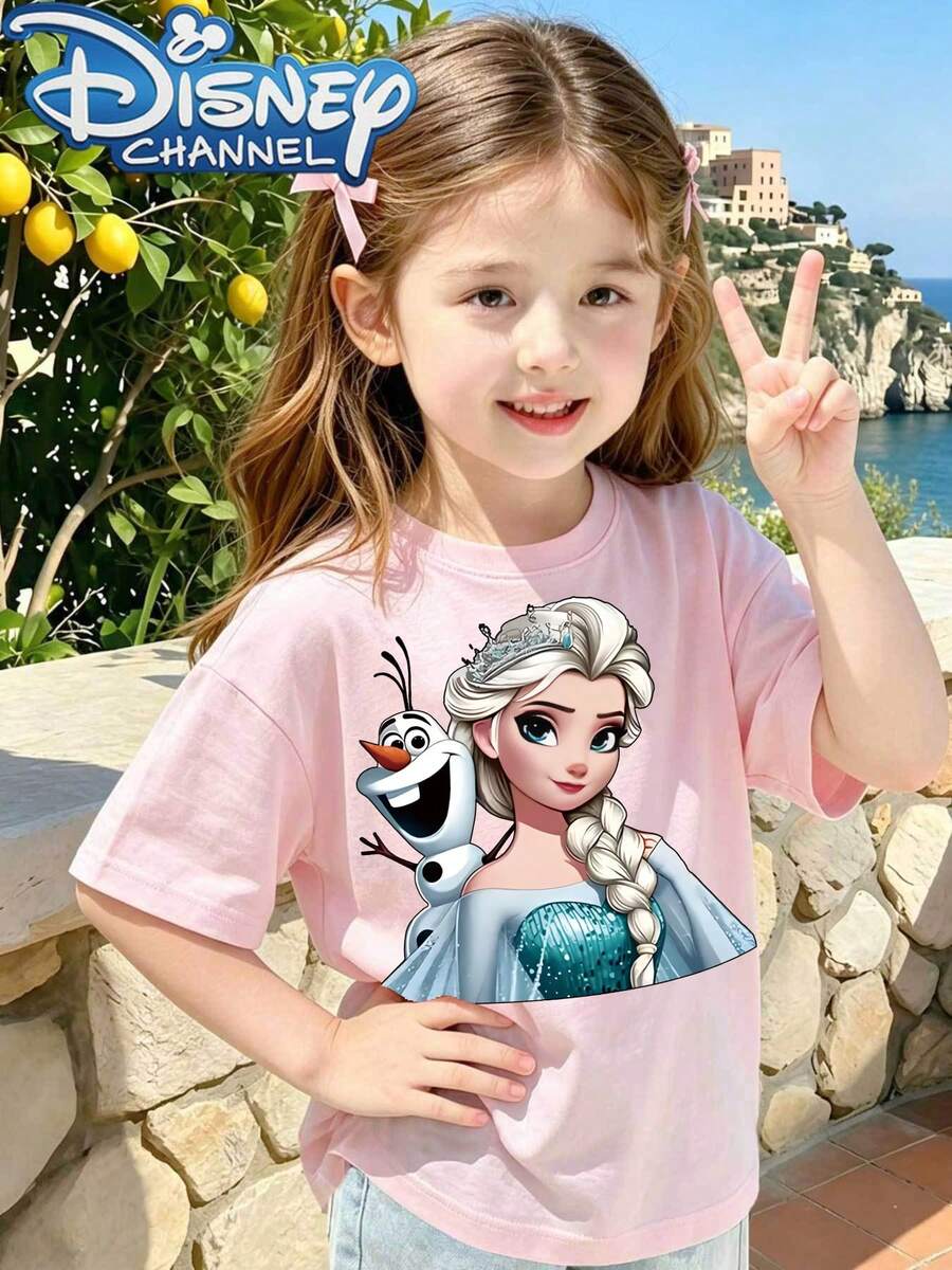 DisneyCute Cartoon Style Men's T-Shirt Frozen Elsa And Olaf Print Summer Casual Wear For Kids Gift For Children - 粉色 - 查看 1