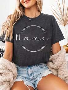 100% Cotton Women's Summer T-Shirt, Personalized Name T-Shirt For Celebrations - Gift For Birthdays, Anniversaries, And Weddings With An Elegant Design For Mother's Day, Comfortable Casual T-Shirt For Women | T-Shirt With Slogan | Distinctive T-Shirts | Retro Casual T-Shirt For Women, Simple Solid Color, Loose Fit, Casual Short Sleeve - 黑色 - 查看 9