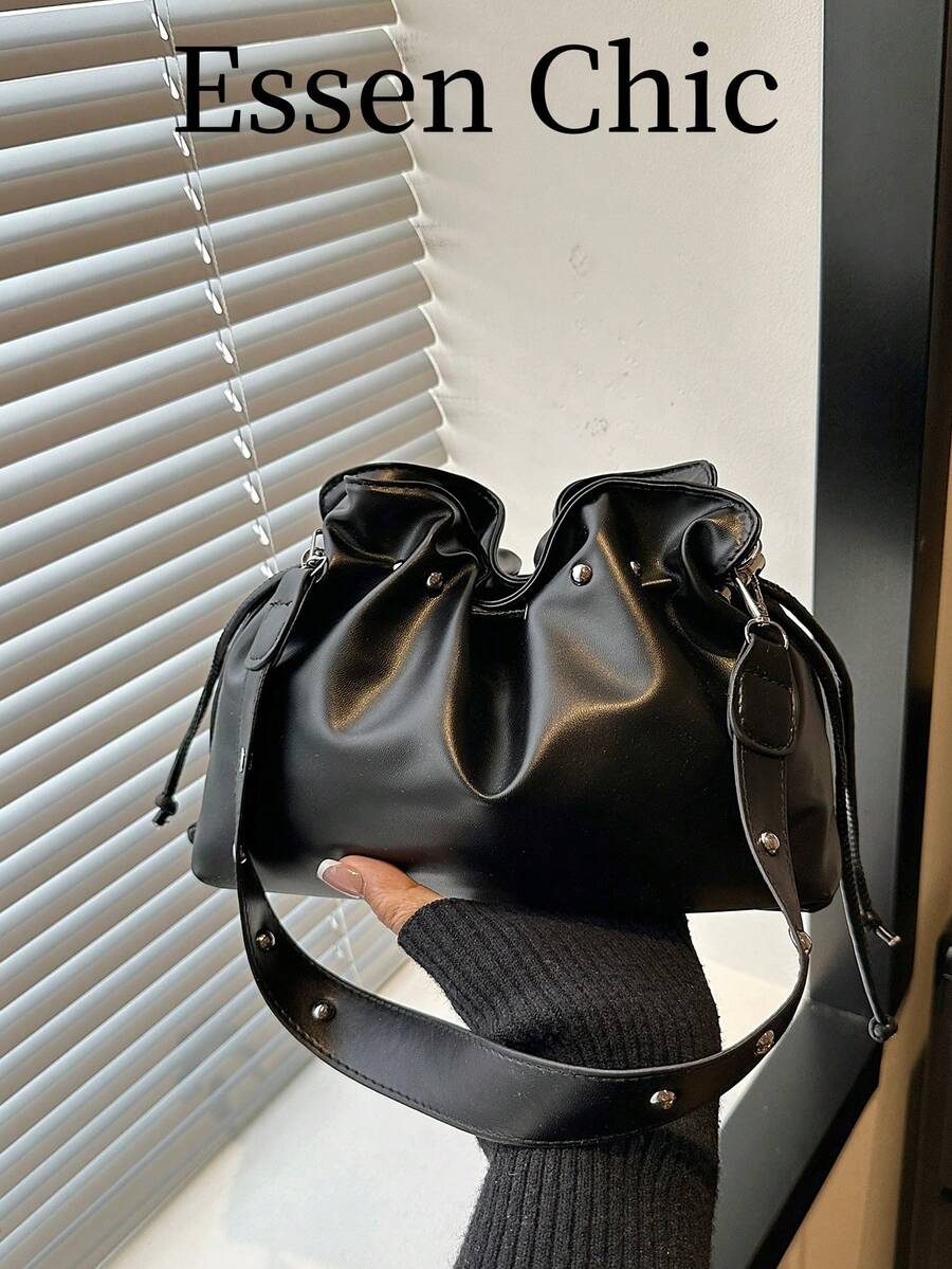 1pc Black Metal Rivet Decor Solid Color PU Bucket Bag, Women Shoulder Bag For Summer