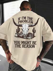 Camiseta de Manga Corta para Hombre Zrgoth, Casual, Versátil, con Estampado de Cabeza de Oveja y Animales del Campo, Estilo Simple con Lema en Inglés - Albaricoque - Ver 2