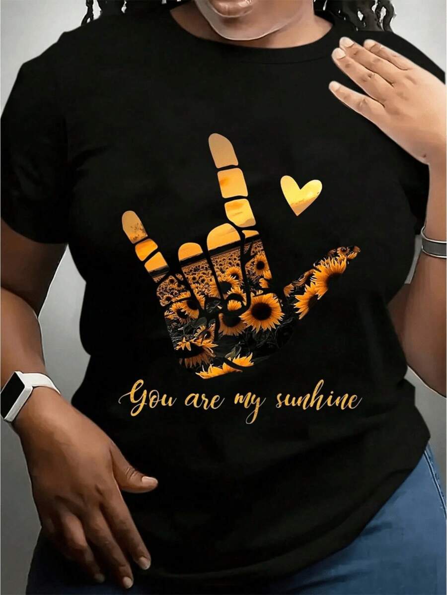 Women's Printed T-Shirt - Casual Short Sleeve Crew Neck T-Shirt In Black With Orange Handprint And Flower Design, Relaxed Fit For All Seasons, Perfect For Daily Wear And Holidays, Machine Washable. - 黑色 - 查看 1