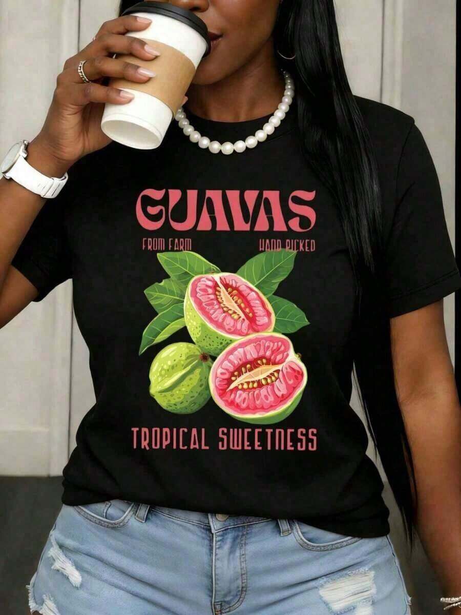 GiftCamia Women's Sweet Tropical Fruit Graphic "Hand-Picked Guavas On The Farm" Summer Casual Wear, Soft White Cotton Top - 黑色 - 查看 1