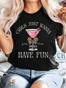 Plus Size - I Just Want To Have Fun - 'Trip 2026.Fun' Print. Trip 2026 Plus Size Letter Print T-Shirt, Casual Short Sleeve Crew Neck Top For Women, Women's T-Shirt, Summer And Spring, Cute, Fun, Plus Size Clothing For Women. - 黑色 - 查看 7