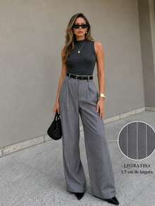 Striped Tailored Wide Leg Pants - Gris Claro - Ver 3