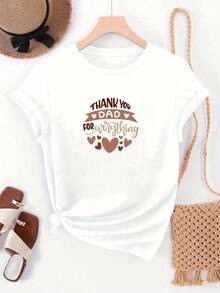 Bright Pink Women's T-Shirt With The Phrase "Thank You For Everything, Dad" - Casual Short-Sleeved Crew Neck T-Shirt For Summer, Heart-Shaped Arrow Design, Father's Day Gift Idea, Comfortable For Everyday Wear, Easy To Machine Wash, Sentimental Gift, Fun Design, Breathable Fabric, Daughter's Clothing. Elegant Party Outfit, Stylish Ladies' T-Shirt, Blouses Suitable For Curvy Women, Casual Wear, Cool And Sweat-Free Summer Clothing, Fun Letter Print. - 白色 - 查看 1