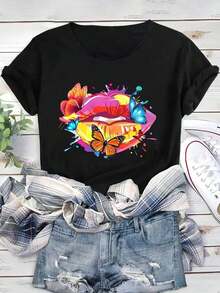 Fashionable Women's Top With Butterfly And Lip Print, Casual Short-Sleeved T-Shirt For Shopping, Parties, And Everyday Wear. ENTN 100% Cotton - 黑色 - 查看 3