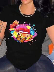 Fashionable Women's Top With Butterfly And Lip Print, Casual Short-Sleeved T-Shirt For Shopping, Parties, And Everyday Wear. ENTN 100% Cotton - 黑色 - 查看 6