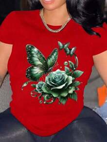 Women's Blouses, Women's Casual Style Graphic Print Butterfly And Pink Loose Round Neck Short Sleeve Spring Summer Daily Wear T-Shirt, Women's T-Shirt - 紅色的 - 查看 8