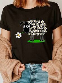 Special Offer: Fun Sheep And Flower Print T-Shirt, 100% Cotton, Original And Unique Design For Animal Lovers, Casual Fashion For Women And Men, Size M, Black, Trending Clothing Category - Soft And Breathable Casual Fashion For Everyday Wear - 黑色 - 查看 1