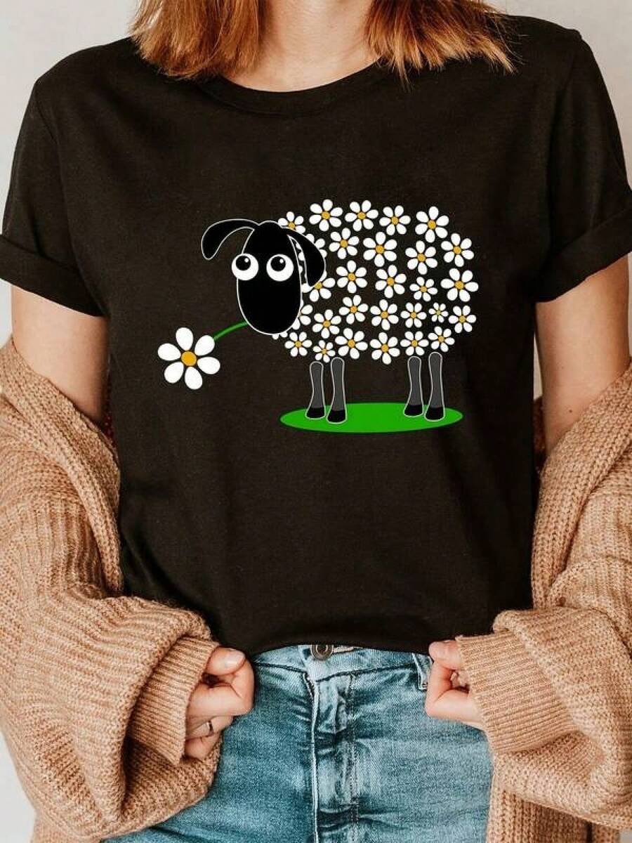 Special Offer: Fun Sheep And Flower Print T-Shirt, 100% Cotton, Original And Unique Design For Animal Lovers, Casual Fashion For Women And Men, Size M, Black, Trending Clothing Category - Soft And Breathable Casual Fashion For Everyday Wear - 黑色 - 查看 1