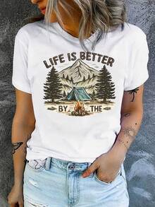 Camping Life, Campfire Print, Women's Casual Short-Sleeve T-Shirt, Comfortable Fit, Matching Sets For Sisters, Outdoor Travel Essential, Women's T-Shirt, Spring/Summer T-Shirt. - 白色 - 查看 1