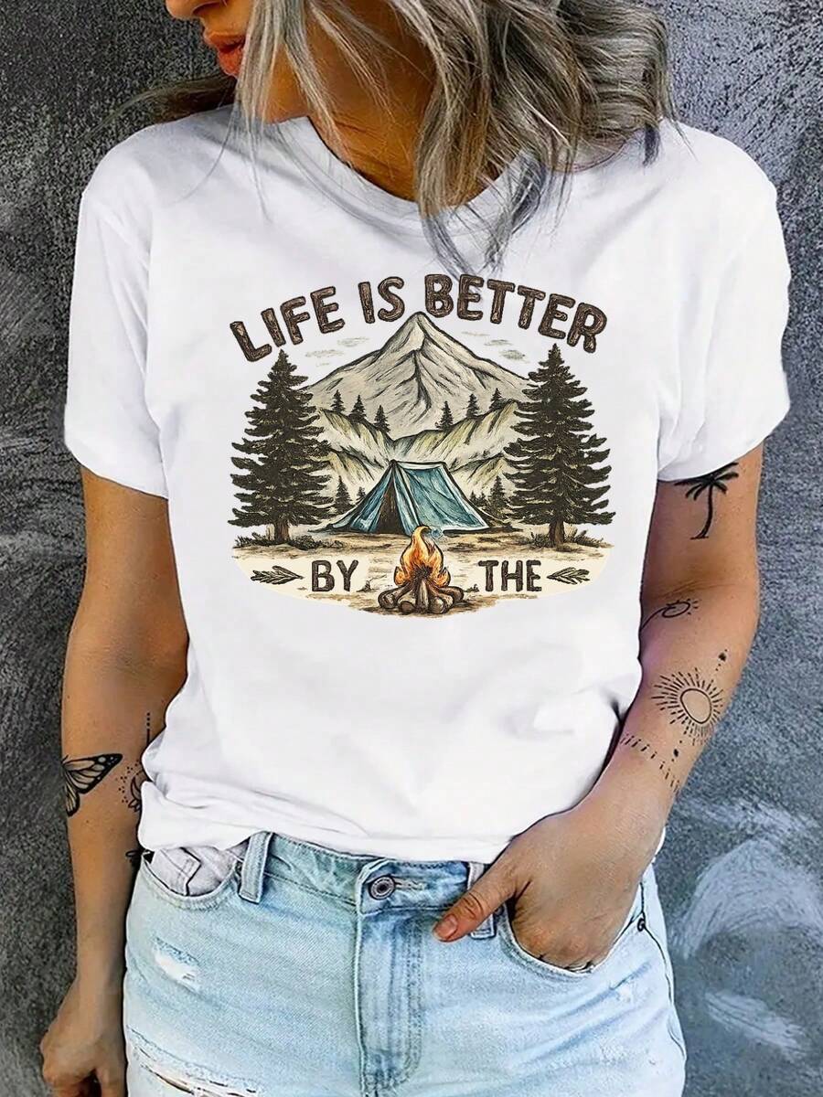 Camping Life, Campfire Print, Women's Casual Short-Sleeve T-Shirt, Comfortable Fit, Matching Sets For Sisters, Outdoor Travel Essential, Women's T-Shirt, Spring/Summer T-Shirt. - 白色 - 查看 1