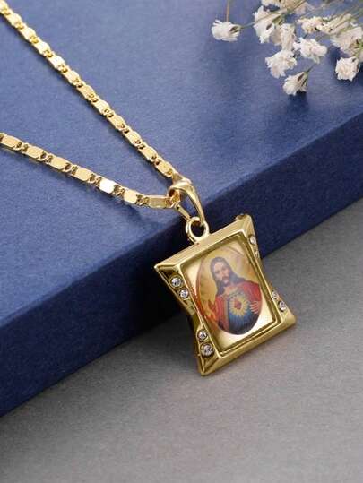 1pc Men's Vintage Asymmetrical Square + Jesus Christ Icon Pendant Necklace, With Colorful Printed Sacred Heart Of Jesus Decoration, Suitable For Religious Memorial Holidays And Daily Wear Jewelry
