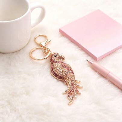 Luxury Brown Parrot Keychain, Gold-Tone With Sparkling Rhinestone, Exotic Tropical Bird Bag Charm, Ideal For Handbag Decor & Animal Lover's Gift