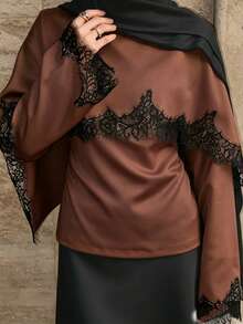 Middle Eastern Arabic Women's Lace Patchwork Round Neck Long Sleeve T-Shirt, Versatile Top, Spring Summer Autumn Vacation - Brown - View 6