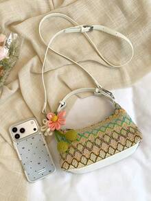 Bolso de mano de piel de serpiente sintética tejida de unicolor de cuero de PU, estilo minimalista, de moda y versátil, viene con un dije de patrón aleatorio - Multicolor - Ver 8