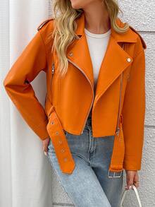 Women's Solid Color Minimalist Casual Zip-Up Short Jacket - Orange - View 7