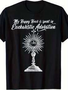 New Limited Edition T-Shirt With A Religious Design Of Holy Communion - 180g Pure Cotton, Printed With A Holy Communion Design, Unisex, Suitable For Religious Events And Faith-Themed Clothing For Worship Halls. - Black - View 1