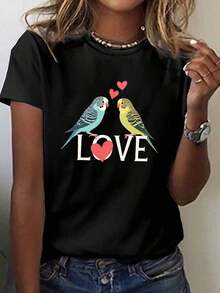 Women's Lightweight Graphic Print Camisole - Camisole With Bird Print And The Word LOVE - Cute Short-Sleeved Camisole With A Round Neck, Casual Style For Spring/Summer, Medium Stretch, Comfortable For Everyday Wear, Exclusively For Bird Lovers (Machine Washable), 100% Cotton, A Popular Choice. Suitable As A Gift. Women's T-Shirt. Blouses > Elegant. Boho Chic. Soft, Breathable, And Comfortable Women's Top, Ideal For Spring, Summer, And Fall, Perfect For Vacations, Travel, And Everyday Wear. - 黑色 - 查看 6
