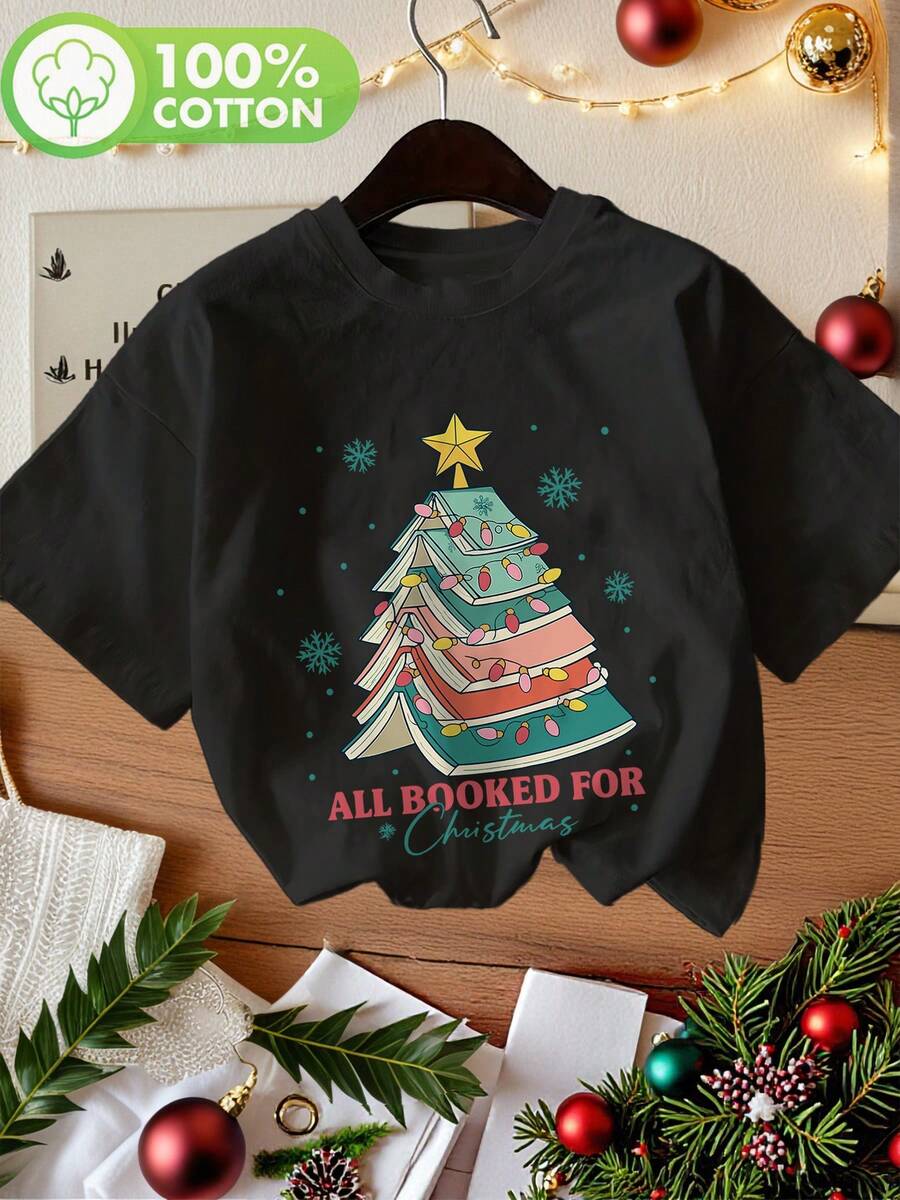 | Exquisite Design | Loose And Comfortable | Easy To Match | Women's 100% Cotton Short-Sleeve T-Shirt - White With A Christmas Tree Design And The Slogan "Booked" In A Book-Themed Design, Casual Round Neck Top, Suitable For Book Lovers On Vacation, Book-Themed Outfits, Spring And Summer Wear. - 黑色 - 查看 1