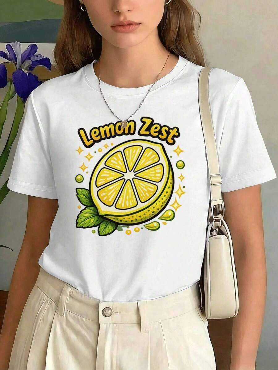 Women's Cotton Camisole With Lemon Zest Print, Round Neck, Loose Fit, Casual Style, Comfortable, Eye-Catching Print. Suitable As A Gift. Women's T-Shirt. Blouses > Elegant. Boho Chic. Soft, Breathable, And Comfortable Women's Top, Ideal For Spring, Summer, And Autumn, Perfect For Vacations, Travel, And Everyday Wear. - 白色的 - 查看 1