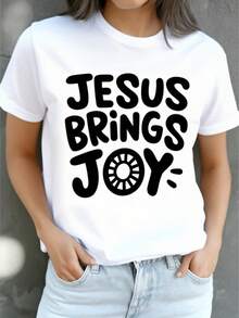 Women's Casual Sports T-Shirt With Graphic Design JESUS BRINGS JOY - Elastic And Round Neck, Machine Washable, Comfortable Fit For All Seasons, For Daily Use And Moments Of Joy. - 白色 - 查看 7