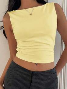 Top de camiseta corta acolchada de algodón blanco, primavera/verano - Amarillo - Ver 5