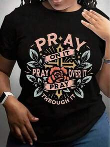 Cotton Graphic T-Shirt, Plus Sizes, Prayer T-Shirt, Faith T-Shirt, Jesus T-Shirt, Christian And Religious T-Shirt, Prayer T-Shirt, Comfortable And Breathable, Y2K Style, Oversized T-Shirt For Men, Summer T-Shirts, Casual Printed T-Shirt For Women, Short Sleeve And Round Neck, Local Spring/Summer Urban Fashion. - 黑色 - 查看 6