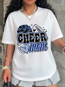 Women's T-Shirt, Cheerleader Mom T-Shirt, Gift For Cheerleader Moms, Team Spirit Clothing, Women's Casual Wear, Blue And Black Design. - 白色 - 查看 1