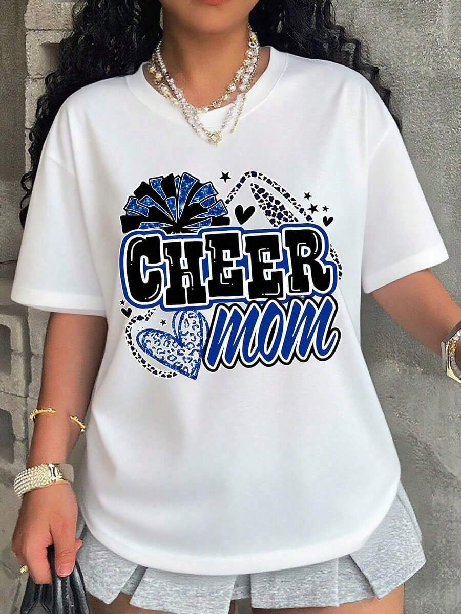 Women's T-Shirt, Cheerleader Mom T-Shirt, Gift For Cheerleader Moms, Team Spirit Clothing, Women's Casual Wear, Blue And Black Design. - 白色 - 查看 1