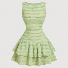 MOD Vestido corto verde con cuello redondo, espalda descubierta, tirantes con lazo y dobladillo de doble capa - Verde - Ver 5