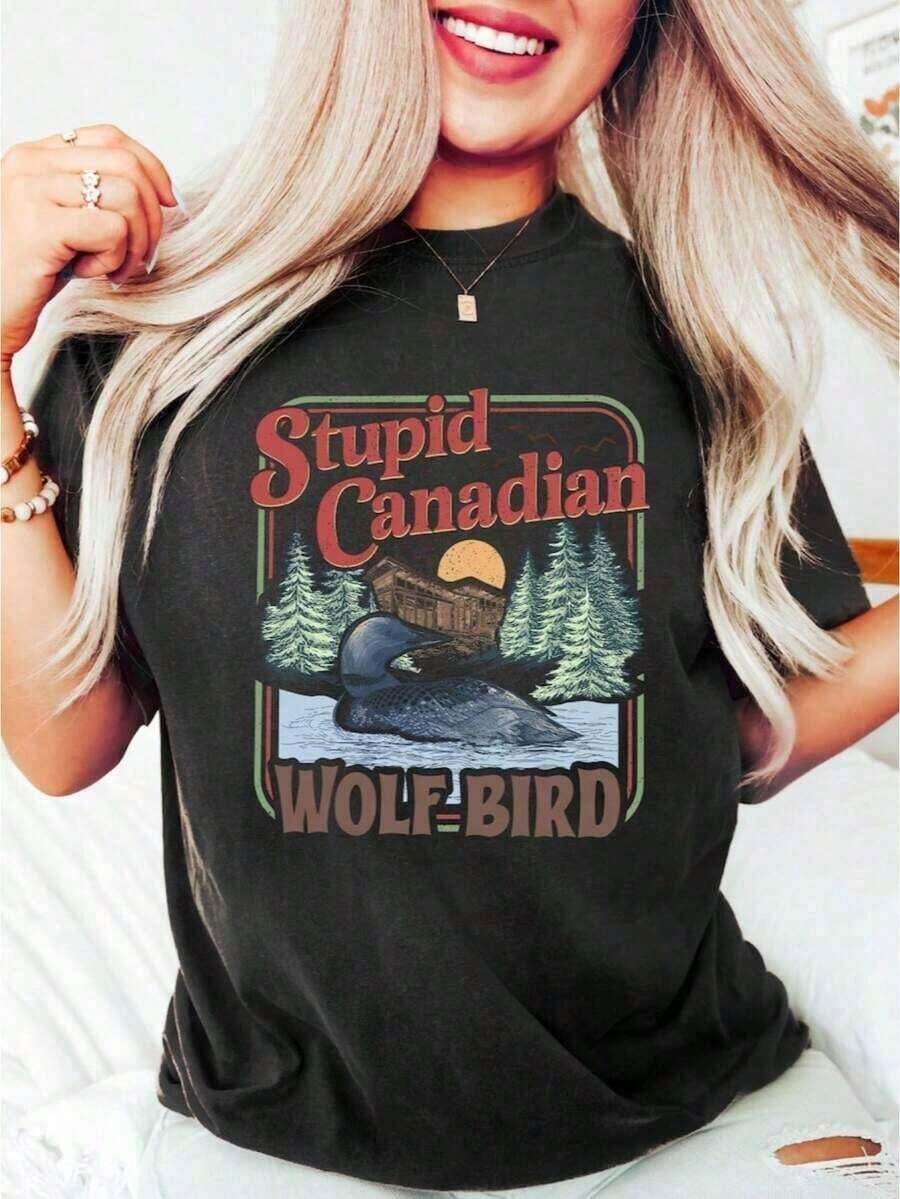CasualEssential Stupid Canadian Wolf Bird Comfort T-Shirt, Rivalry Inspired T-Shirt, Hollanov Team T-Shirt, Women's Cotton Summer Tops, Round Neck, Slim Fit, Short Sleeve, Soft And Casual Cotton Tops For Women. - 黑色 - 查看 1