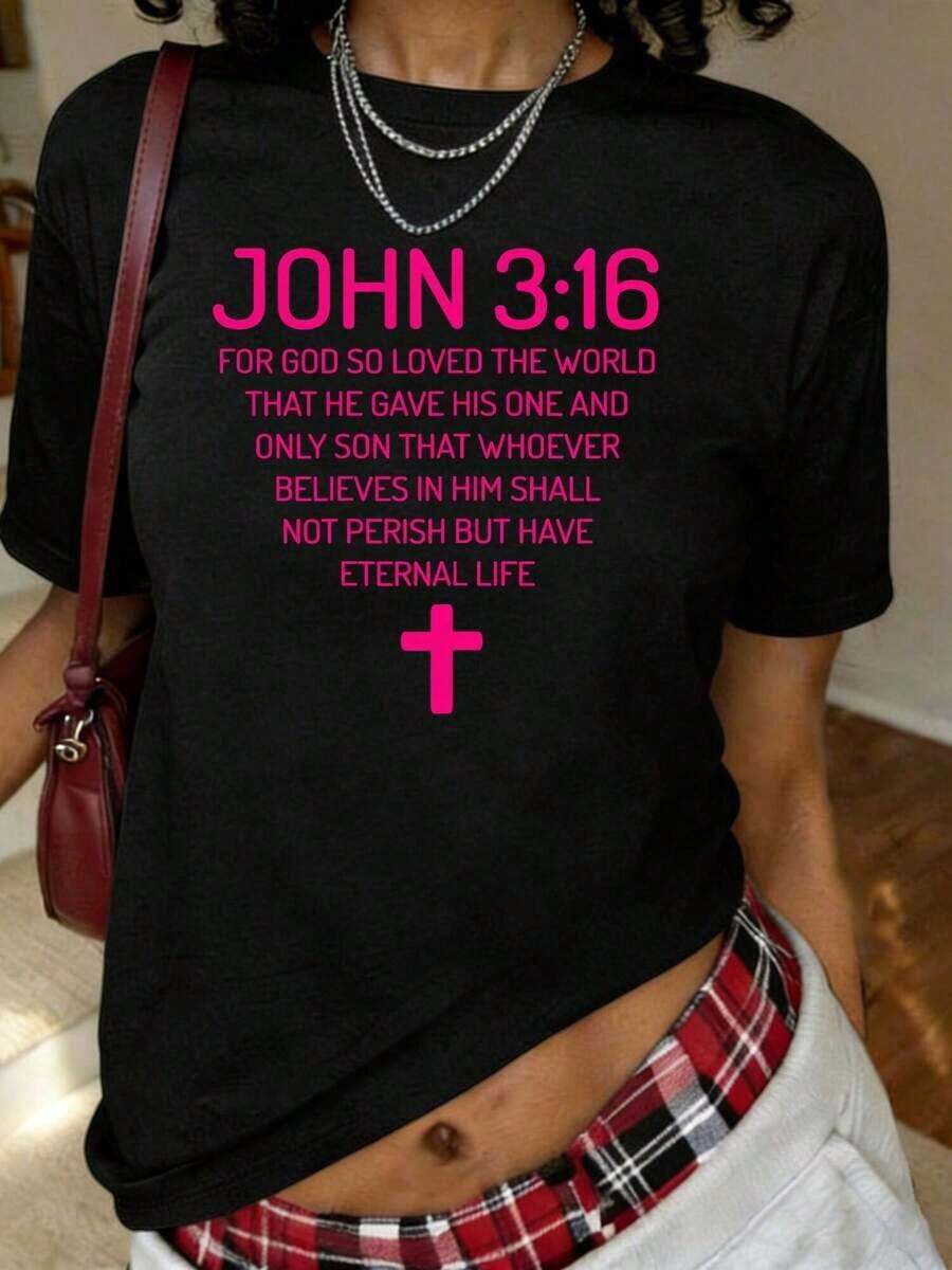 Camiseta con Estampado de Versículo Bíblico Juan 3:16, Manga Corta, Cuello Redondo, Estilo Casual para Verano y Primavera, Ropa de Mujer Transpirable y Cómoda - Negro - Ver 1