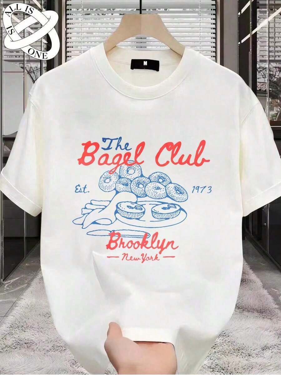 ALL IS ONE Algodón Puro Playera Holgada Y Adelgazante Para Mujer Con Estampado Divertido "The Bagel Club", Estilo Juvenil - Blanco - Ver 1