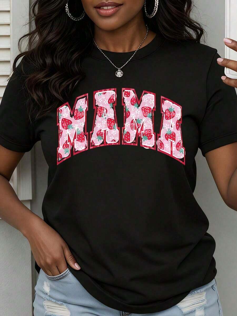 Camiseta Blanca con Estampado de Fresas y la Frase "Mama" para Uso Casual - Negro - Ver 1