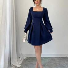 Vestido midi con cinturón, cuello cuadrado y unicolor elegante para mujer, otoño - Marrón - Ver 7