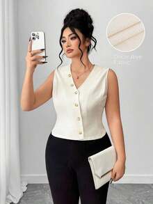 Camiseta sin mangas casual de cuello en V y abotonada para mujer talla grande - Beis - Ver 1