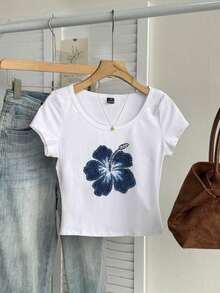 Camiseta ajustada de mujer con cuello de pico, manga raglán y patrón minimalista, 95% algodón, color caqui - Multicolor 5 - Ver 7