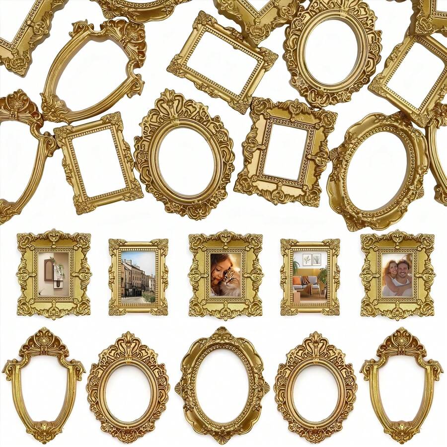 15pcs Mini Vintage Photo Frames, Small Resin Antique-Style Frames, Small Gold Frames Suitable For DIY Wall Hanging, Jewelry Display, Photography, Party, Hotel, Home Decor (Mini Frame A) - 15 pcs - View 1