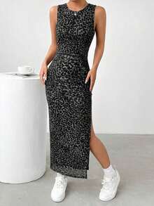 Vestido ceñido con abertura y estampado de leopardo gris sexy para mujer, moda de verano - Multicolor 2 - Ver 5